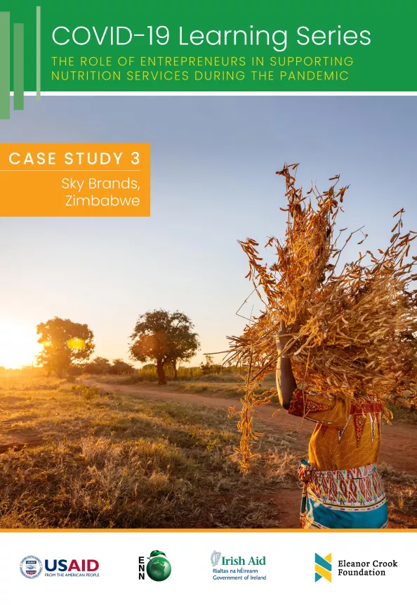 Front cover of 'the role of entrepreneurs in supporting nutrition services during the pandemic: case study 3' as part of the COVID-19 Learning Series. Picture shows someone carrying crop across field.