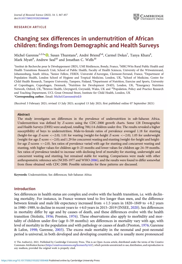 First page of document 'Changing sex differences in undernutrition of African children: findings from Demographic and Health Surveys'