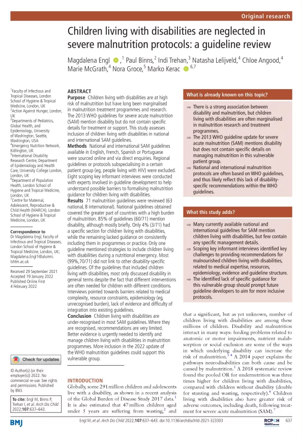 Front page of guideline review titled, 'Children living with disabilities are neglected in severe malnutrition protocols: a guideline review.'