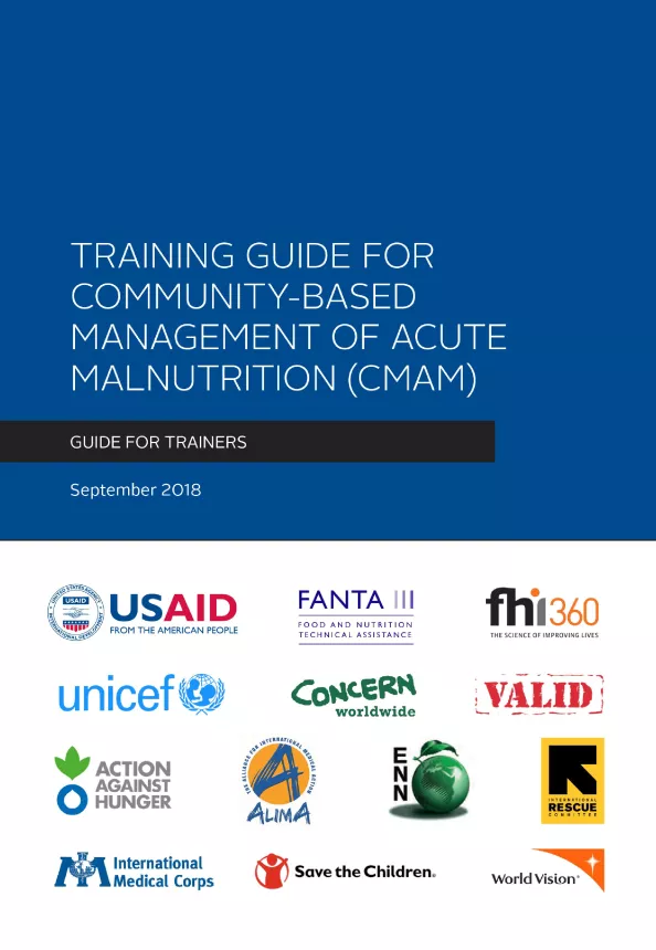 Front cover of guide titled, "Training Guide for Community-Based Management of Acute Malnutrition (CMAM), 2018 Version." 