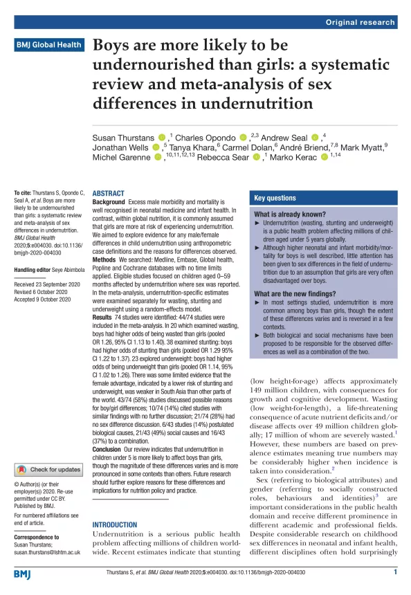 First page of research article titled, "Boys are more likely to be undernourished than girls: a systematic review and meta-analysis of sex differences in undernutrition."