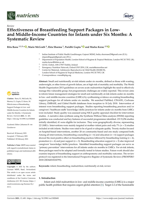 First page of research review titled, "Effectiveness of Breastfeeding Support Packages in Low-and Middle-Income Countries for Infants under Six Months: A Systematic Review."