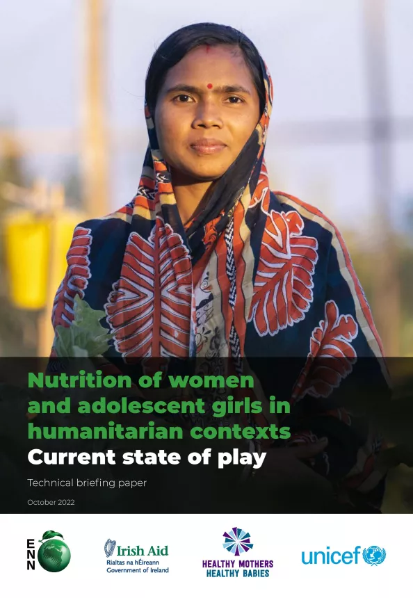 Front cover of technical briefing paper titled, 'Nutrition of women  and adolescent girls in  humanitarian contexts  Current state of play,' with a picture of young women. 