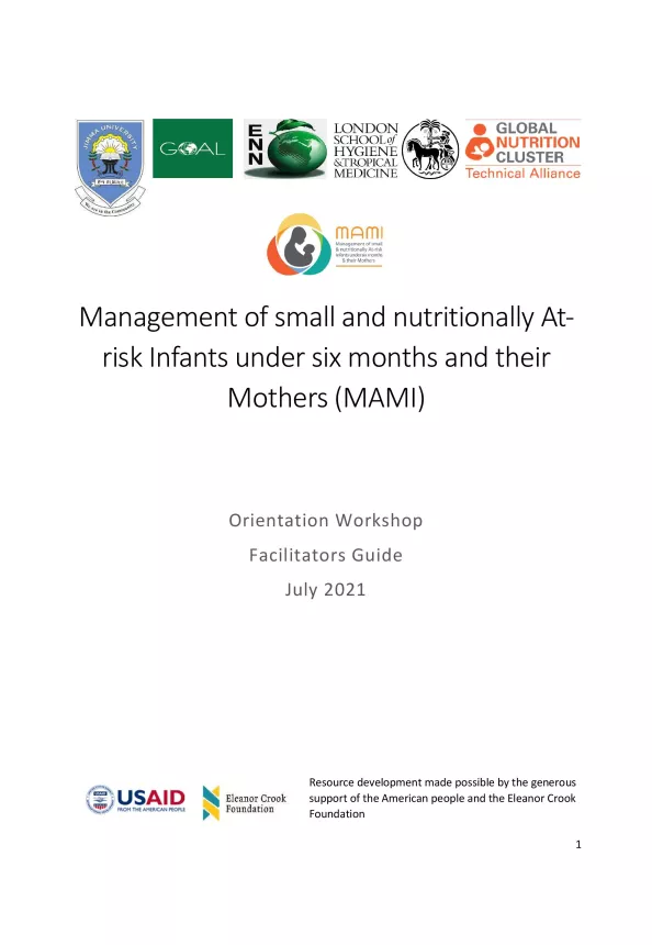 Front cover of document 'Facilitator’s guide & presentation: orientation workshop on the management of small and nutritionally at-risk infants under six months and their mothers (MAMI)'