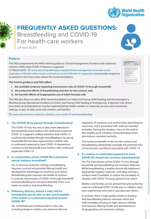 First page of document titled. "Frequently asked questions: Breastfeeding and COVID-19 For health care workers" by the World Health Organization (WHO).