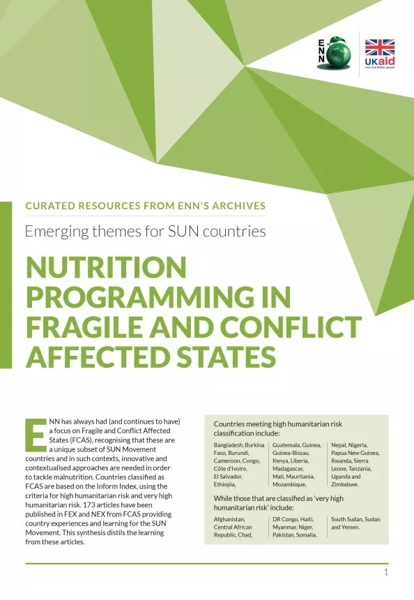First page of report titled, "Emerging themes for SUN countries: Nutrition Programming in fragile and conflict affected states."
