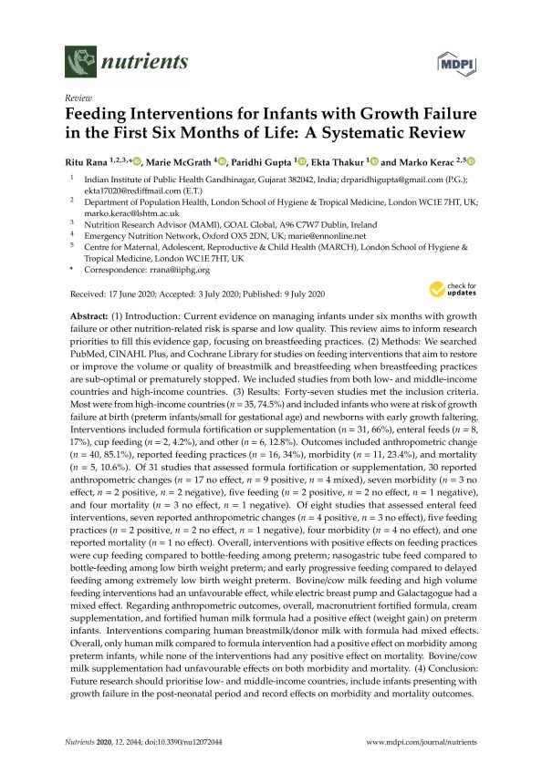 First page of systematic review titled, "Feeding Interventions for Infants with Growth Failure in the First Six Months of Life: A Systematic Review." 