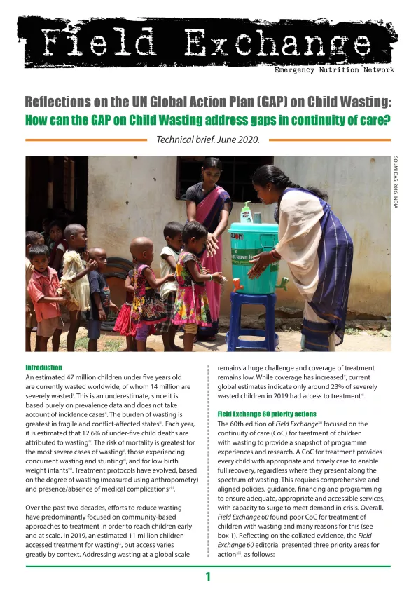 Front cover of technical brief titled, "Reflections on the UN Global Action Plan (GAP) on Child Wasting: How can the GAP on Child Wasting address gaps in continuity of care?" The image shows a women demonstrating to group of children how to wash their hands. 