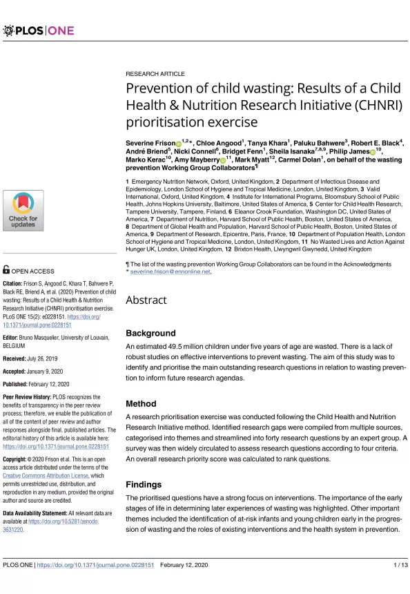 First page of research article titled, "Prevention of child wasting: Results of a Child Health & Nutrition Research Initiative (CHNRI) prioritisation exercise."
