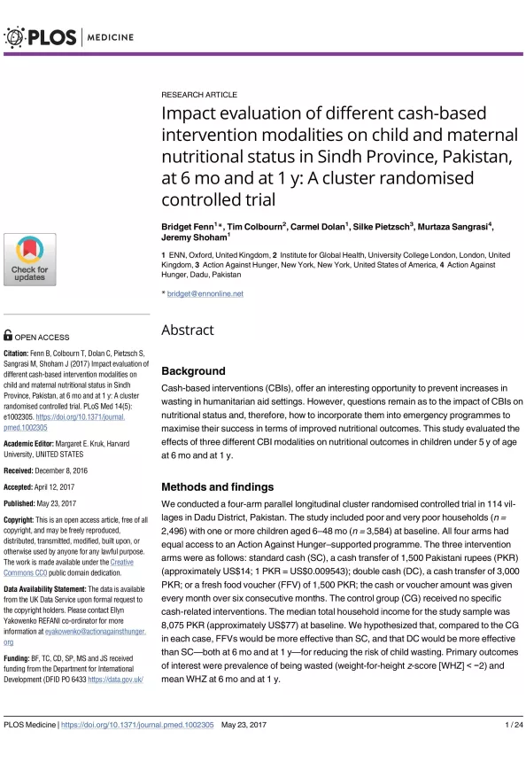 Front cover of research paper titled, "Impact evaluation of different cash-based intervention modalities on child and maternal nutritional status in Sindh Province, Pakistan, at 6 mo and at 1 y: A cluster randomised controlled trial."