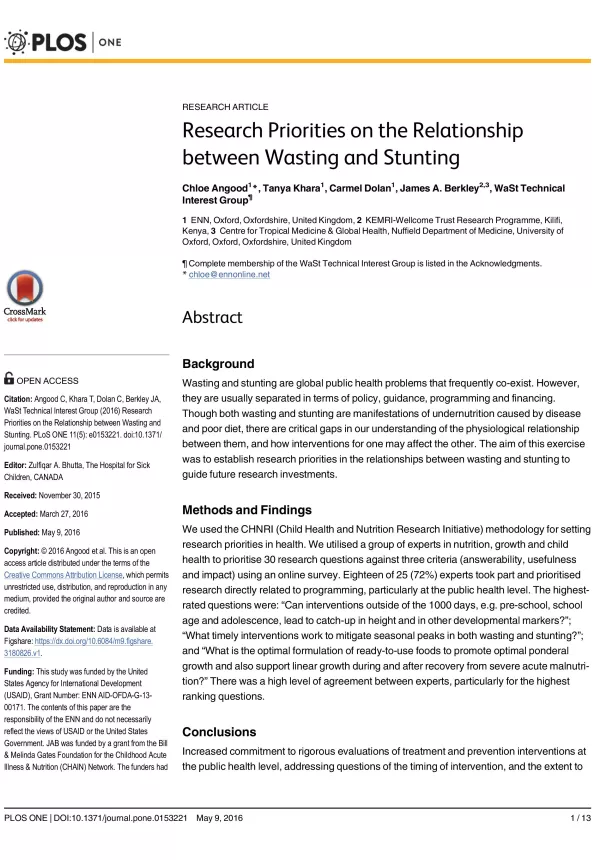 Front cover of article titled, "Research Priorities on the Relationship between Wasting and Stunting."