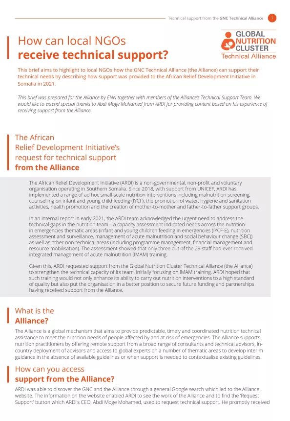 Front page of Global Nutrition Cluster's technical brief titled, 'How can local NGOs receive technical support?'