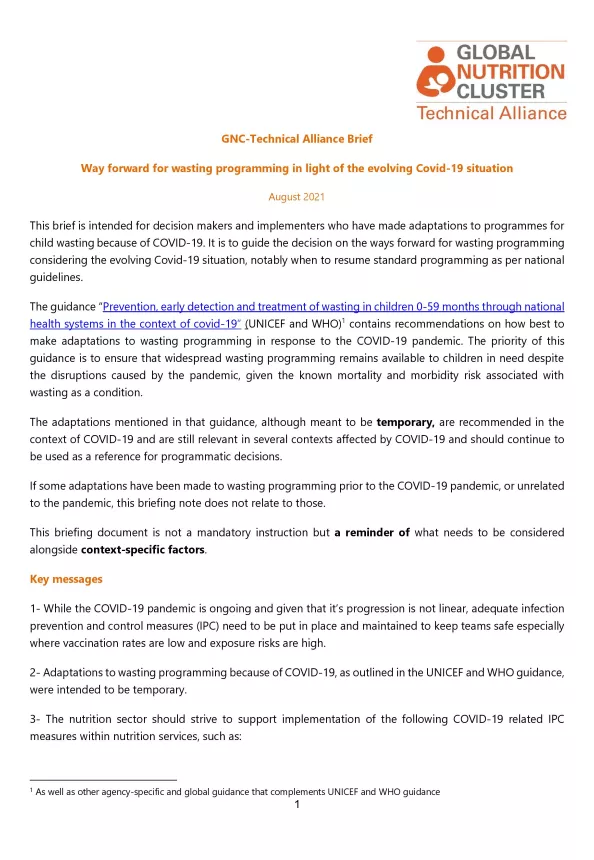 First page of the document 'GNC-Technical Alliance Brief- Way forward for wasting programming in light of the evolving Covid-19 situation'