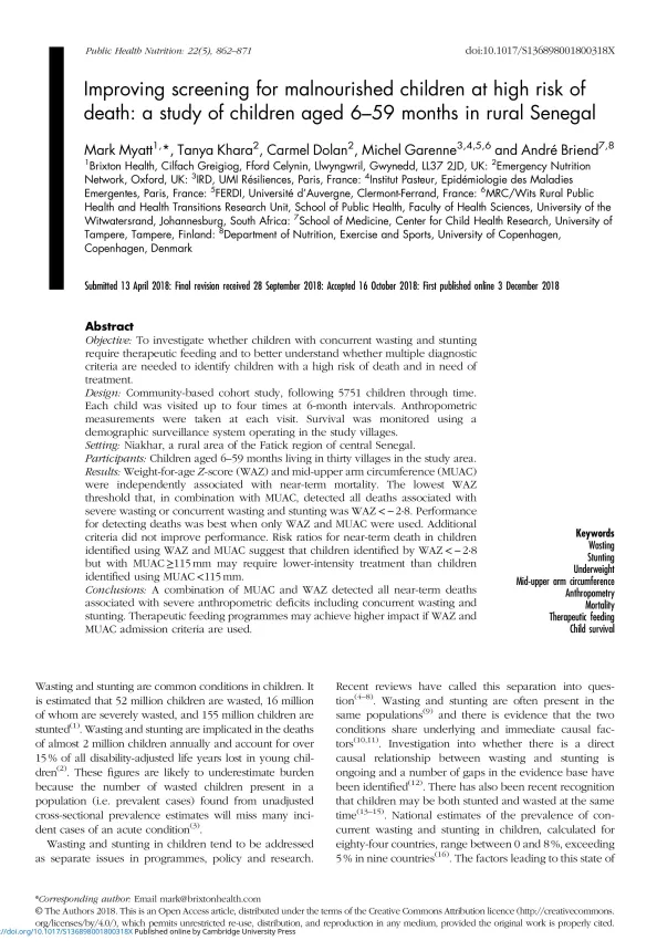 Front cover of research paper titled, "Improving screening for malnourished children at high risk of death: a study of children aged 6–59 months in rural Senegal."