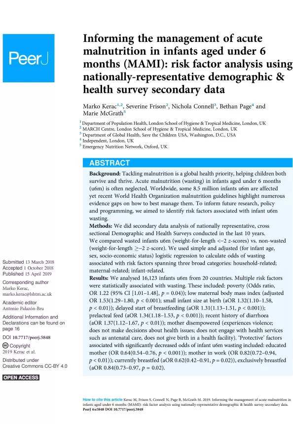 First page of research article titled, "Informing the management of acute malnutrition in infants aged under 6 months (MAMI): risk factor analysis using nationally-representative demographic & health survey secondary data." 