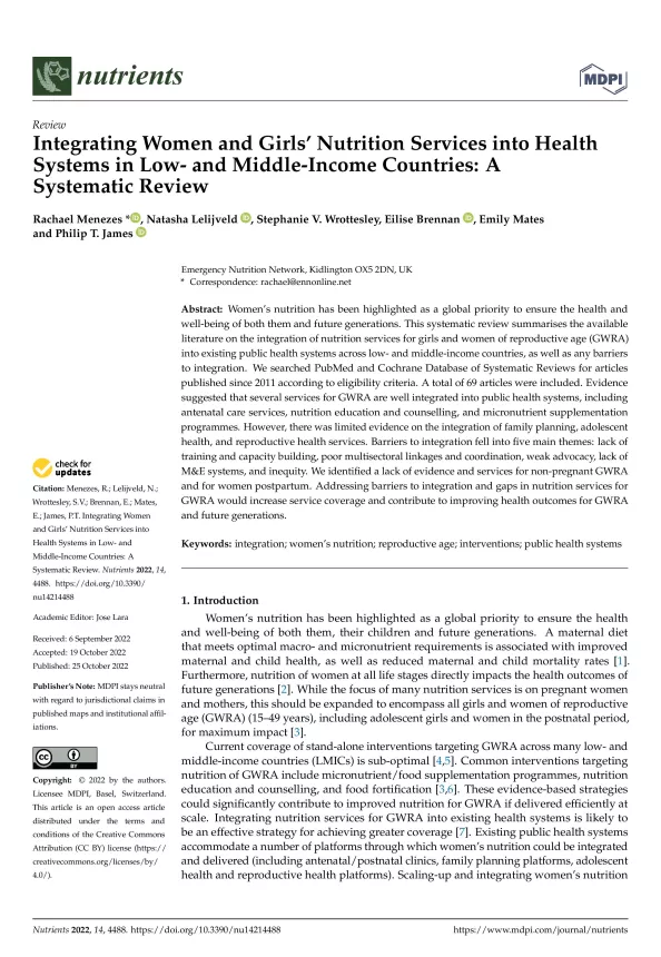 Front page of article review titled, "Integrating Women and Girls Nutrition Services into health systems in low- and middle- income countries: A Systematic Review"