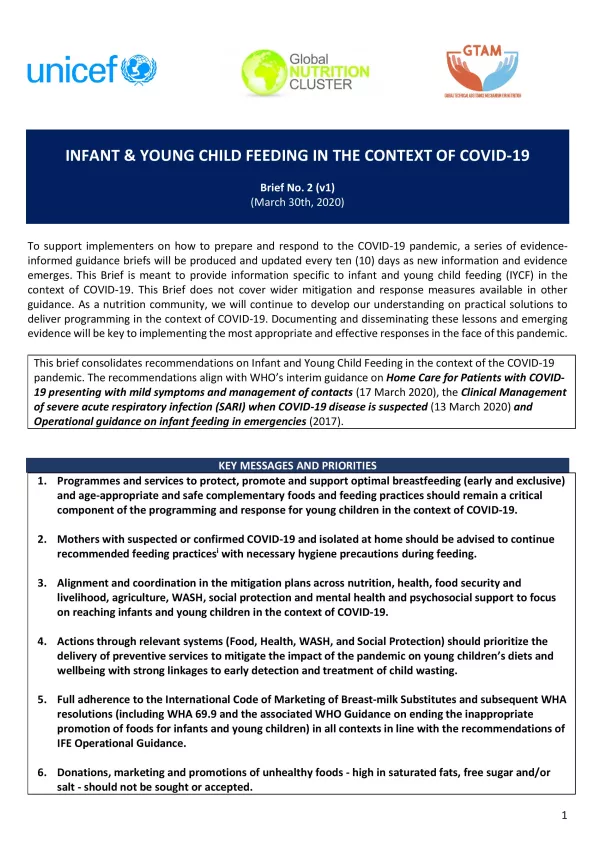 First page of brief titled, "Infant and young child feeding in the context of OF COVID-19" Brief Number 2, version 1 from March the 30th 2020.