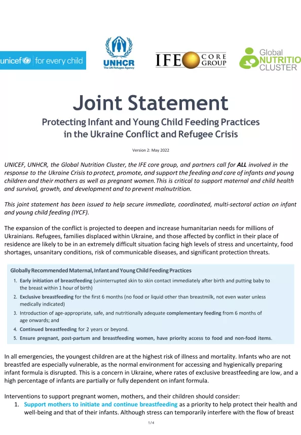 Front page of the Joint Statement Protecting Infant and Young Child Feeding Practices in the Ukraine Conflict and Refugee Crisis.