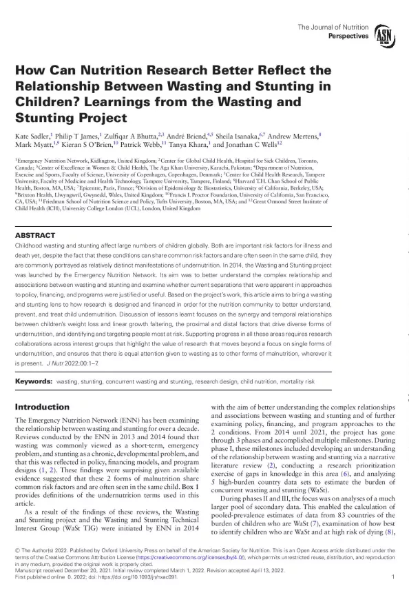 First page of 'How Can Nutrition Research Better Reflect the Relationship Between Wasting and Stunting in Children? Learnings from the Wasting and Stunting Project'