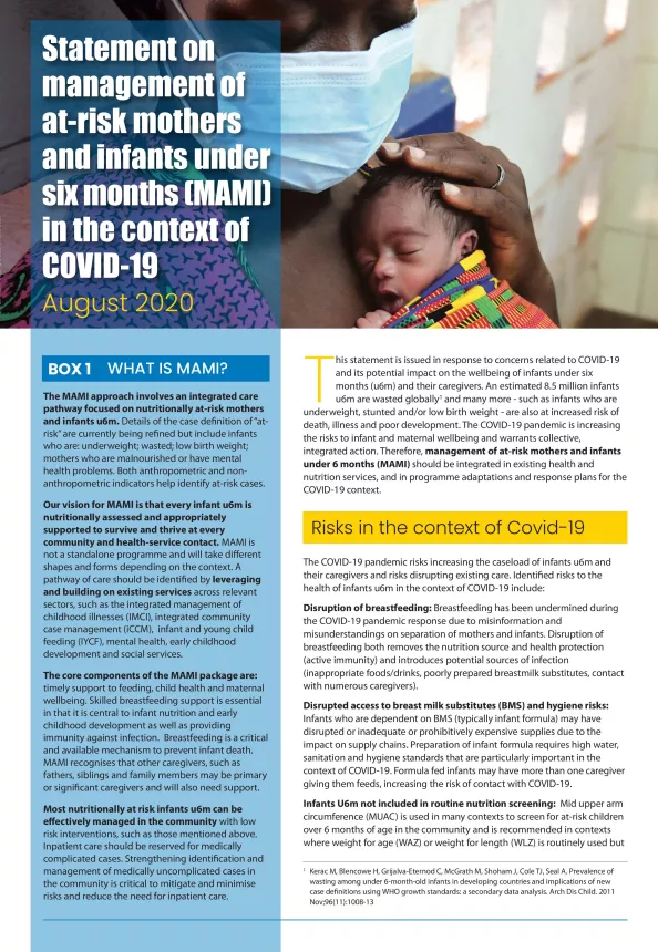 Front cover of statement titled, "Statement on management of at-risk mothers and infants under six months (MAMI) in the context of COVID-19" from August 2020. Picture showing mother cradling very small baby.