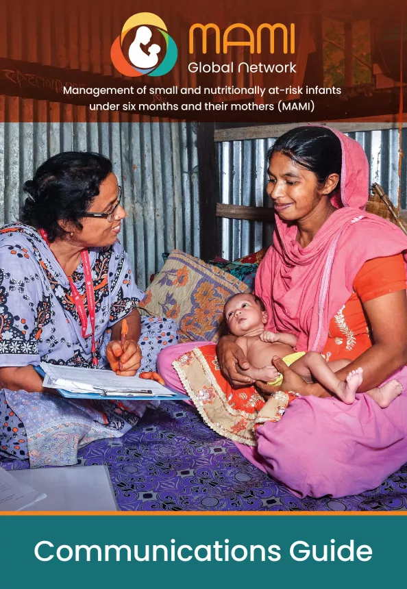 Front cover of the 'Management of small and nutritionally at-risk infants under six months and their mothers (MAMI) Communications Guide,' with a healthcare provider taking notes of health with mother and baby.