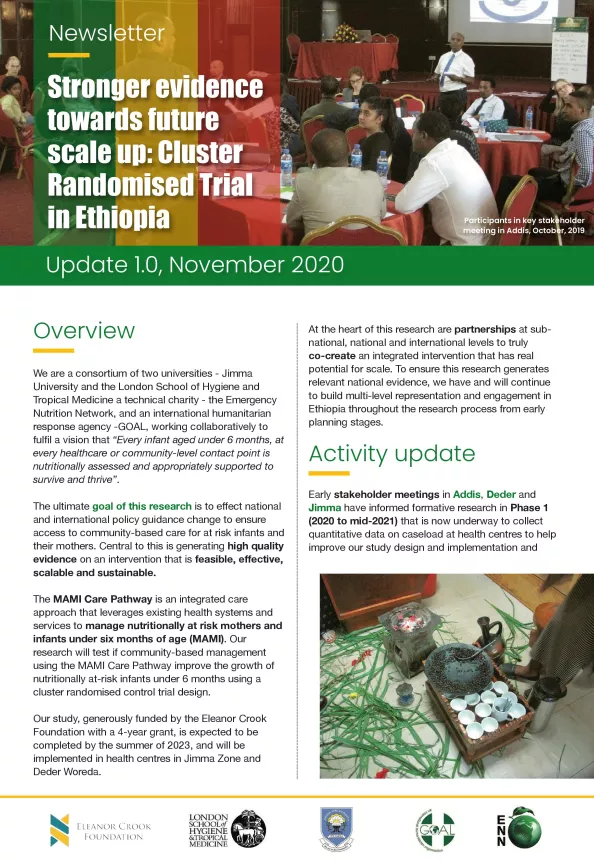 First page of the newsletter titled, "Stronger evidence towards future scale up: Cluster Randomised Trial in Ethiopia."