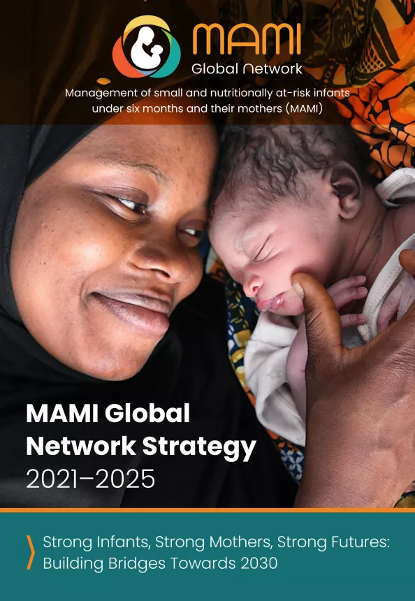 Front cover of "MAMI Global Network Strategy 2021–2025" Report. The image shows a mother lying next to her new born baby.