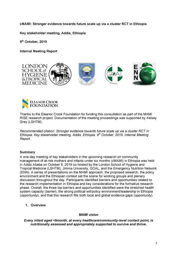 Front page of Internal Meeting Report titled, "Stronger evidence towards future scale up via a cluster RCT in Ethiopia." In Addis, Ethiopia.