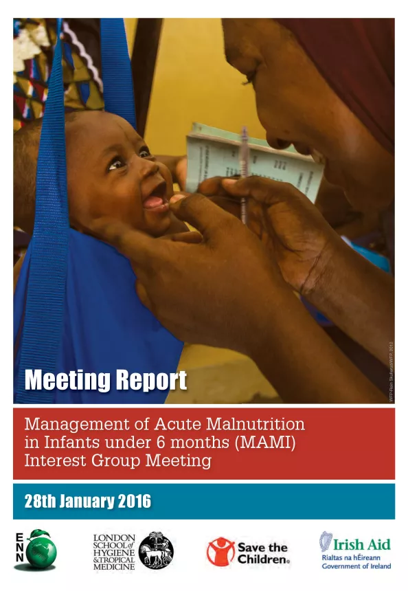 Front cover of report titled, "Meeting Report: Management of Acute Malnutrition in Infants under 6 months (MAMI) Interest Group Meeting." Image shows a baby being weighed.