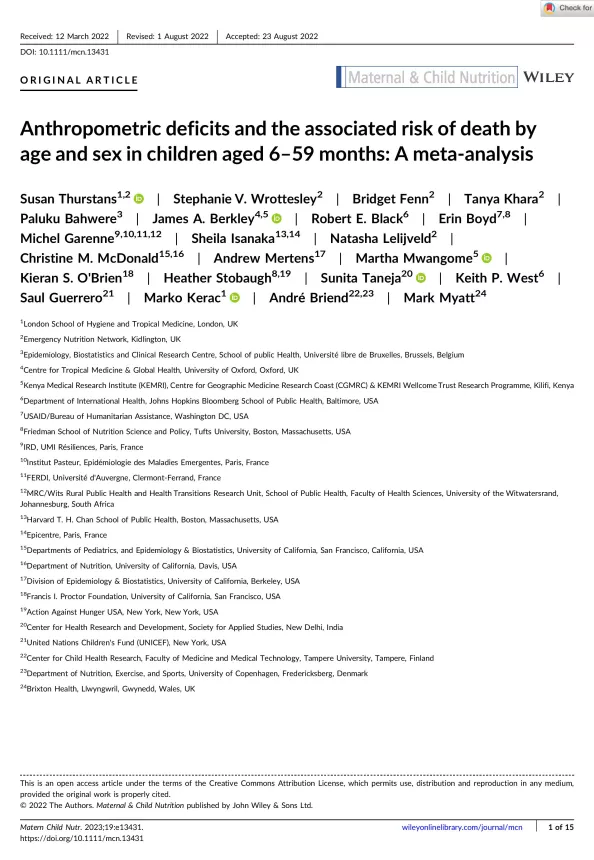 Front page of article titled, "Anthropometric deficits and the associated risk of death by age and sex in children aged 6–59 months: A meta‐analysis"