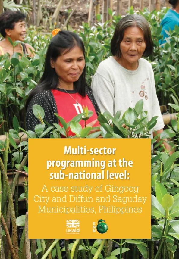 Front cover of case study titled, "Multi-sector programming at the sub-national level: A case study of Gingoog City and Diffun and Saguday Municipalities, Philippines." Image shows two women walking in a crop field among plants.