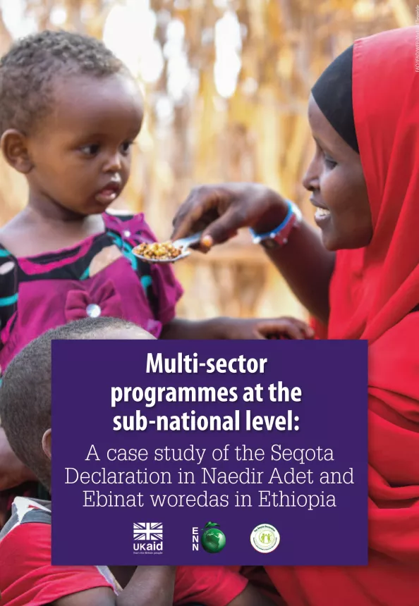 Front cover of case study titled, "Multi-sector programmes at the sub-national level: A case study of the Seqota Declaration in Naedir Adet and Ebinat woredas in Ethiopia." Image shows a woman feeding a young child.