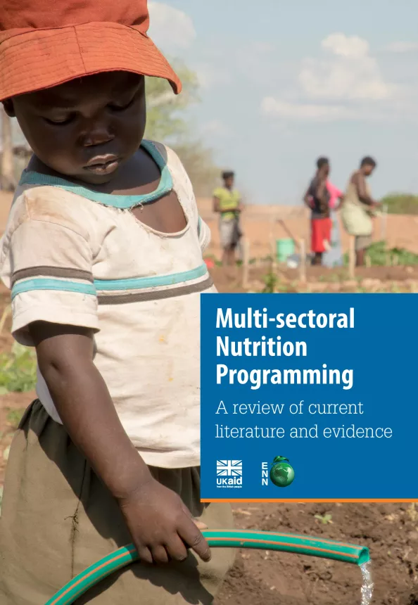 Front cover of review titled, "Multi-sectoral Nutrition Programming A review of current literature and evidence." Picture shows a young child using hose pipe to water crops in a field.  
