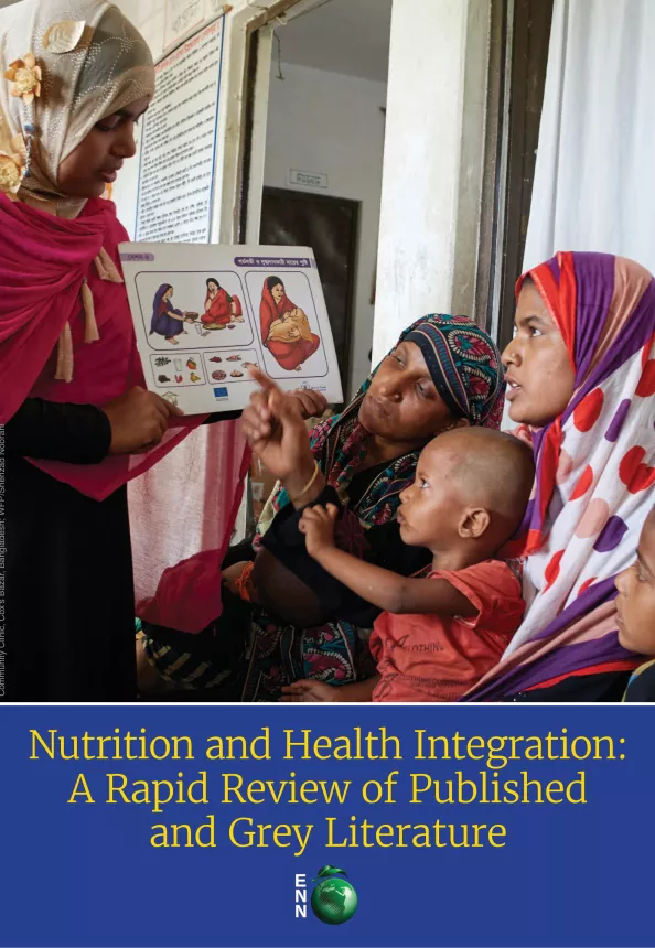 Front cover of report titled, "Nutrition and Health Integration: A Rapid Review of Published and Grey Literature." Image shows a healthcare worker showing a family a poster about nutrition.