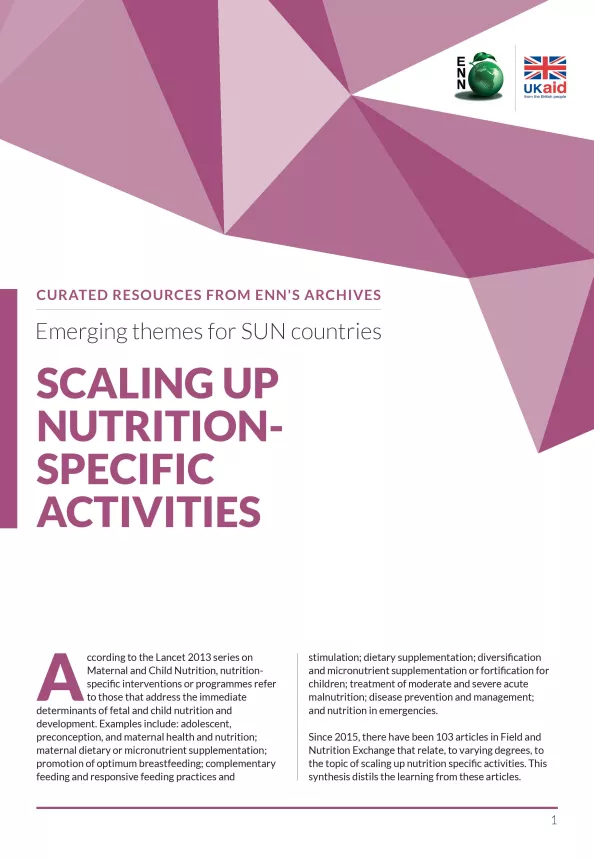 First page of report titled, "Emerging themes for SUN countries: Scaling up nutrition specific activities." 