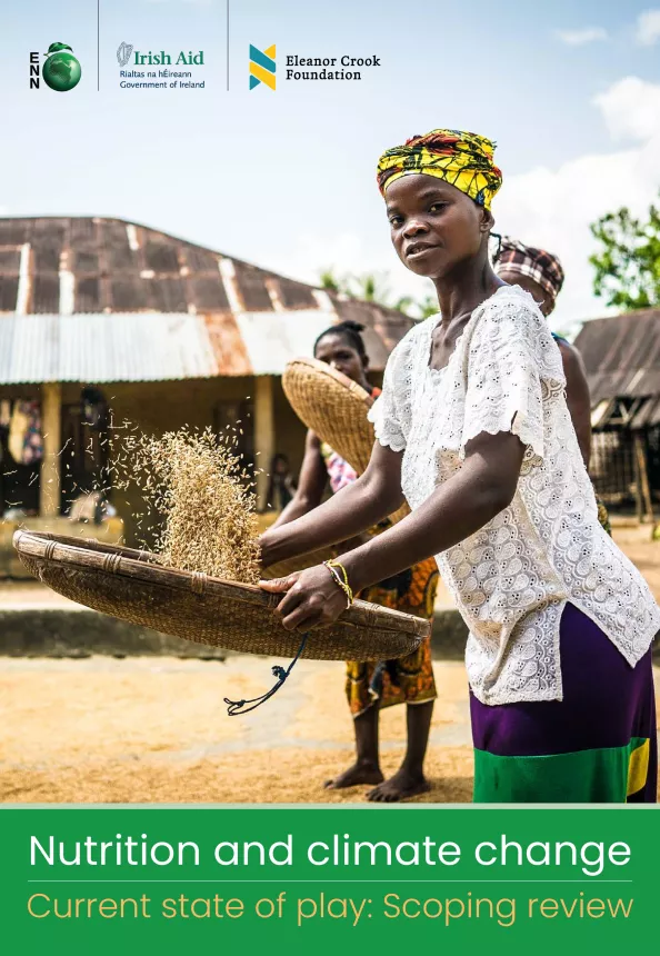 First page of Scoping Review titled "Nutrition and Climate Change - Current State of Play: Scoping Review." Image of women tossing rice.