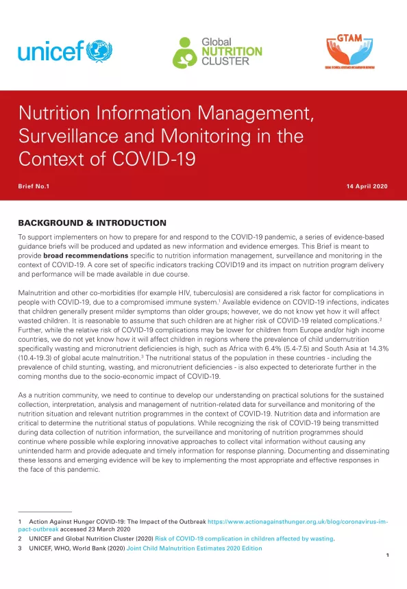 First page of brief titled, "Nutrition Information Management, Surveillance and Monitoring in the Context of COVID-19" from 14th of April 2020.