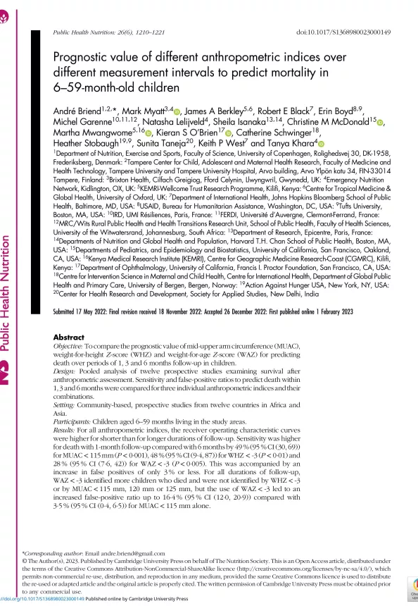 First page of the document 'Prognostic value of different anthropometric indices over different measurement intervals to predict mortality in 6–59-month-old children'