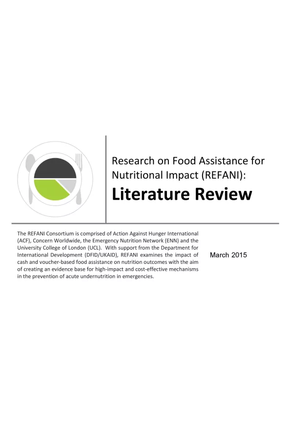 Front cover of research paper titled, "Research on Food Assistance for Nutritional Impact (REFANI): Literature Review."