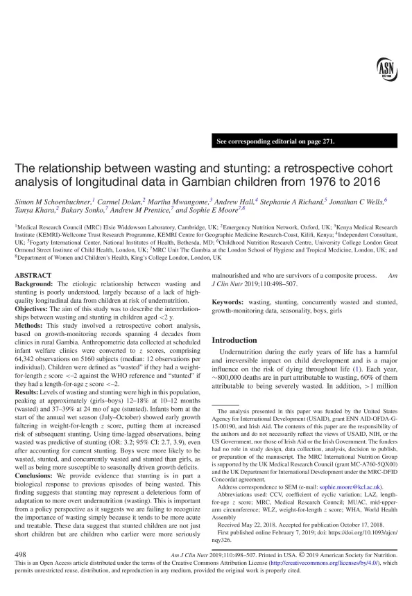 First page of document 'The relationship between wasting and stunting: a retrospective cohort analysis of longitudinal data in Gambian children from 1976 to 2016'