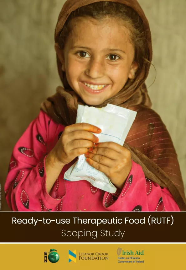 Front page of scoping study titled, "Ready-to-use Therapeutic Food (RUTF) - Scoping Study." Image shows a girl smiling and holding sachet of food.