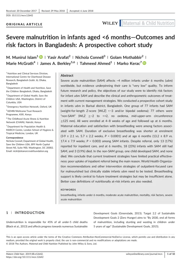 First page of the document 'Severe malnutrition in infants aged <6 months—Outcomes and risk factors in Bangladesh: A prospective cohort study'