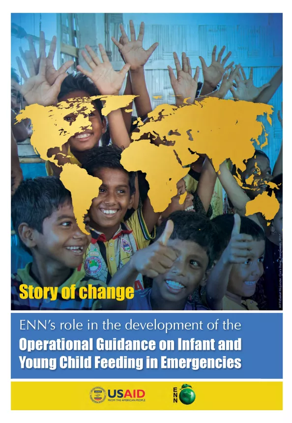 Front cover of the document 'Story of Change' with a photo of children and the world map