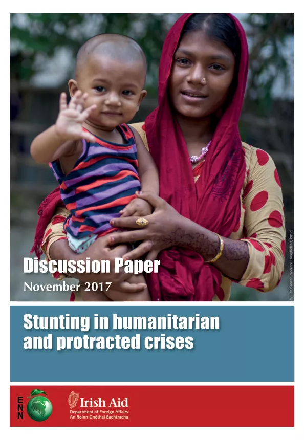 Front cover of research paper titled, "Stunting in protracted crises: discussion paper." Image shows a woman carrying an infant.