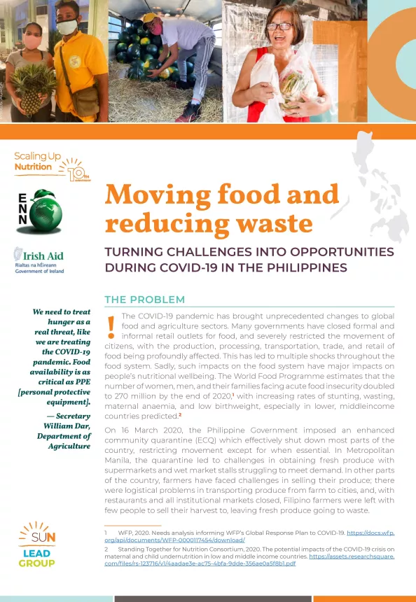 First page of case study article titled, "Moving food and reducing waste: Turning Challenges into Opportunities During COVID-19 in the Philippines."