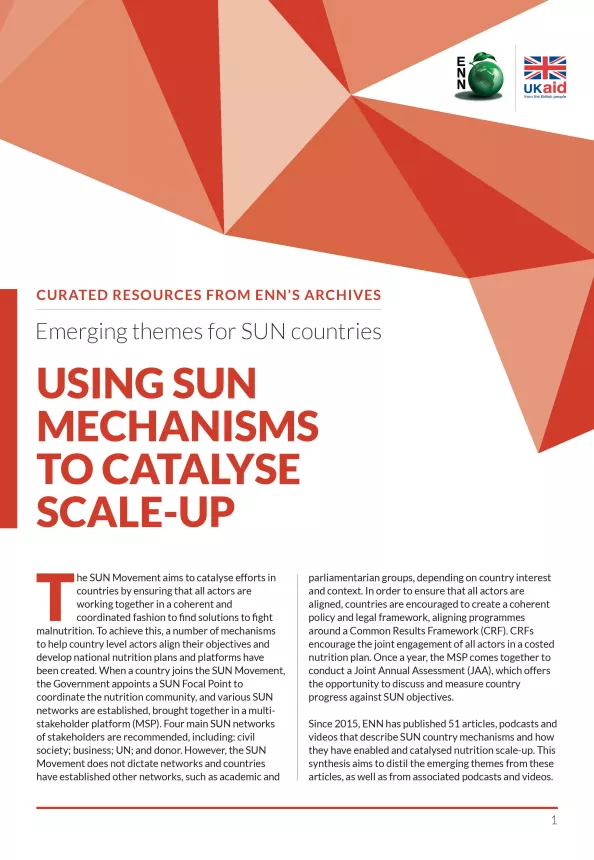 First page of report titled, "Emerging themes for SUN countries: Using SUN Mechanisms to Catalyse Scale-up."