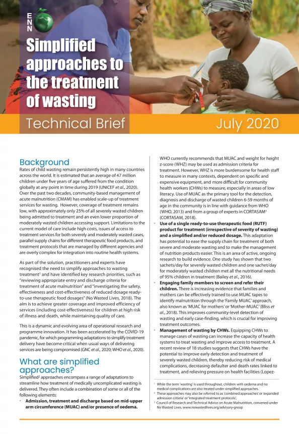 Front cover of technical brief titled, "Simplified approaches to the treatment of wasting - Technical Brief July 2020."
