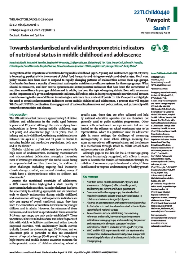 First page of the document 'Towards standardised and valid anthropometric indicators of nutritional status in middle childhood and adolescence'