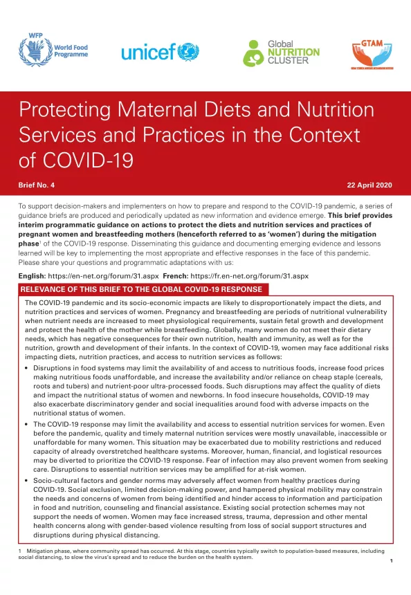 First page of brief titled, "Protecting Maternal Diets and Nutrition  Services and Practices in the Context of COVID-19" Brief number four from 22nd April 2020.