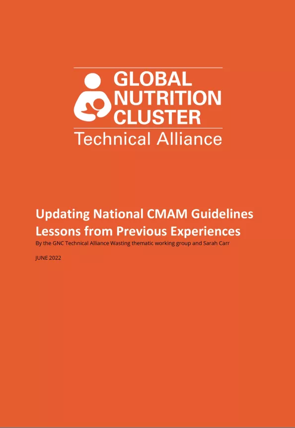 First page of front cover document "Updating National CMAM Guidelines Lessons from Previous Experiences," with logo of Global Nutrition Cluster
